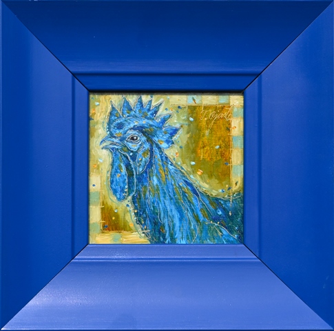 Blue Rooster 520€|13x13cm (with frame 26x26cm), oil, cardboard, 2022