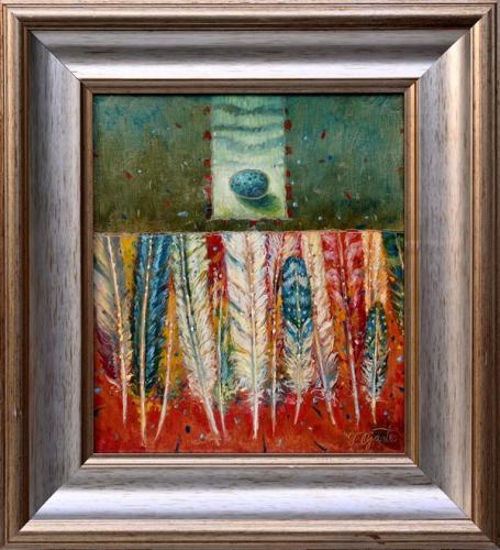 Colorful Flying Feathers 640€|25x29cm (with frame 38x42cm) oil, cardboard, 2021