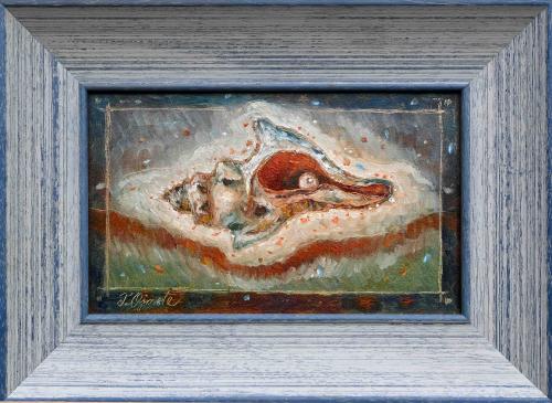 Seashell with Pearl 490€|26x16cm, oil, cardboard, 2021