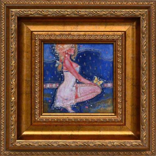 Woman with a Yellow Butterfly 650€|13x13cm (with frame 25x25cm), oil, cardboard, 2023