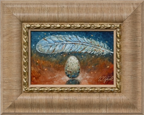 Variegated Egg and Feather 220€|15x10cm (with frame 24x19cm) oil, cardboard, 2023