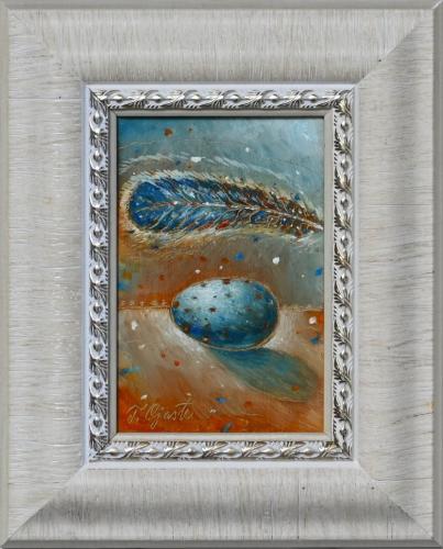 Variegated Blue Egg and Feather 220€|10x15cm (with frame 19x24cm) oil, cardboard, 2023