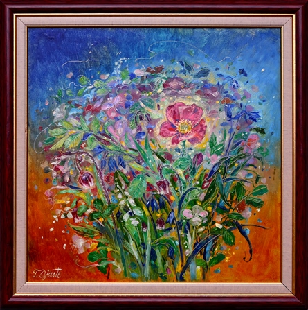 Põllulilled ja kibuvitsaõis 960€|43x43cm (raamiga 52x52cm) õli, papp, 2024