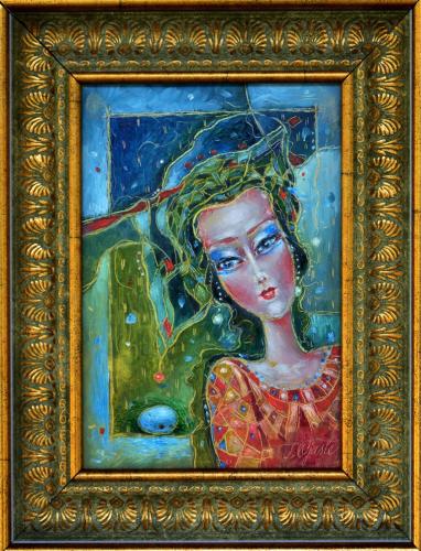 Lady and the Sky Blue Egg 560€|15x21cm, oil on cardboard, 2019