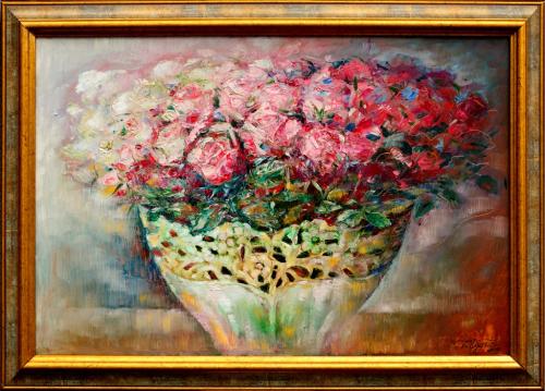 Roses in a White Vase 980€|65x44cm, oil on cardboard, 2019