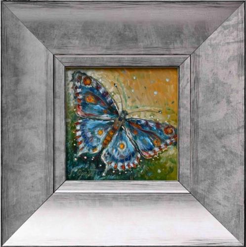 Sinikirju liblikas 480€|13x13cm (27x27cm raamiga), õli, papp, 2021