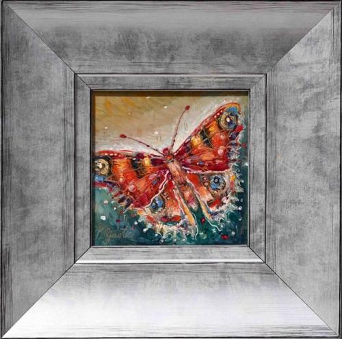 Red Colored Butterfly 480€|13x13cm (27x27cm with frame), oil, cardboard, 2021