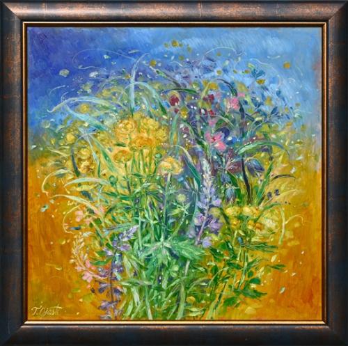 Kullerkupud ja põllulilled 980€|52x52cm (raamiga 59x59cm) õli, papp, 2024