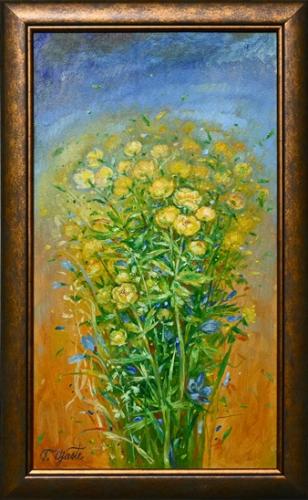 Bouquet of Globeflowers 880€|34x61cm (with frame 43x70cm) oil, cardboard, 2024