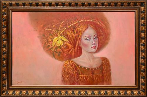 Naine orhideega 7300€|100x60cm (raamiga 118x78cm) õli, lõuend, 2023