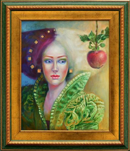 Naine õunaga 2600€|40x50cm (raamiga 57x67cm), õli, lõuend, 2019