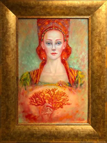 Naine punase koralliga 3800€|43x65cm, raamiga 63x85cm, õli, papp, 2019