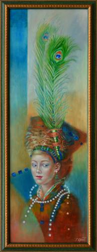 Naine paabulinnusulgedega 4900€|40x120cm, õli, lõuend, 2019