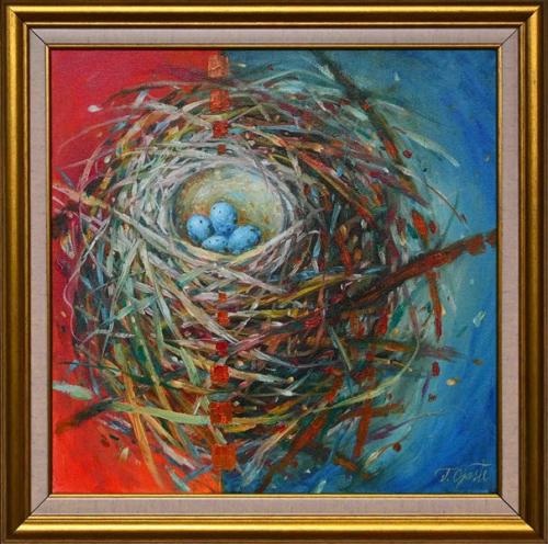 Pesa taevasiniste munadega 990€|40x40cm (raamiga 49x49cm), õli, lõuend, 2023